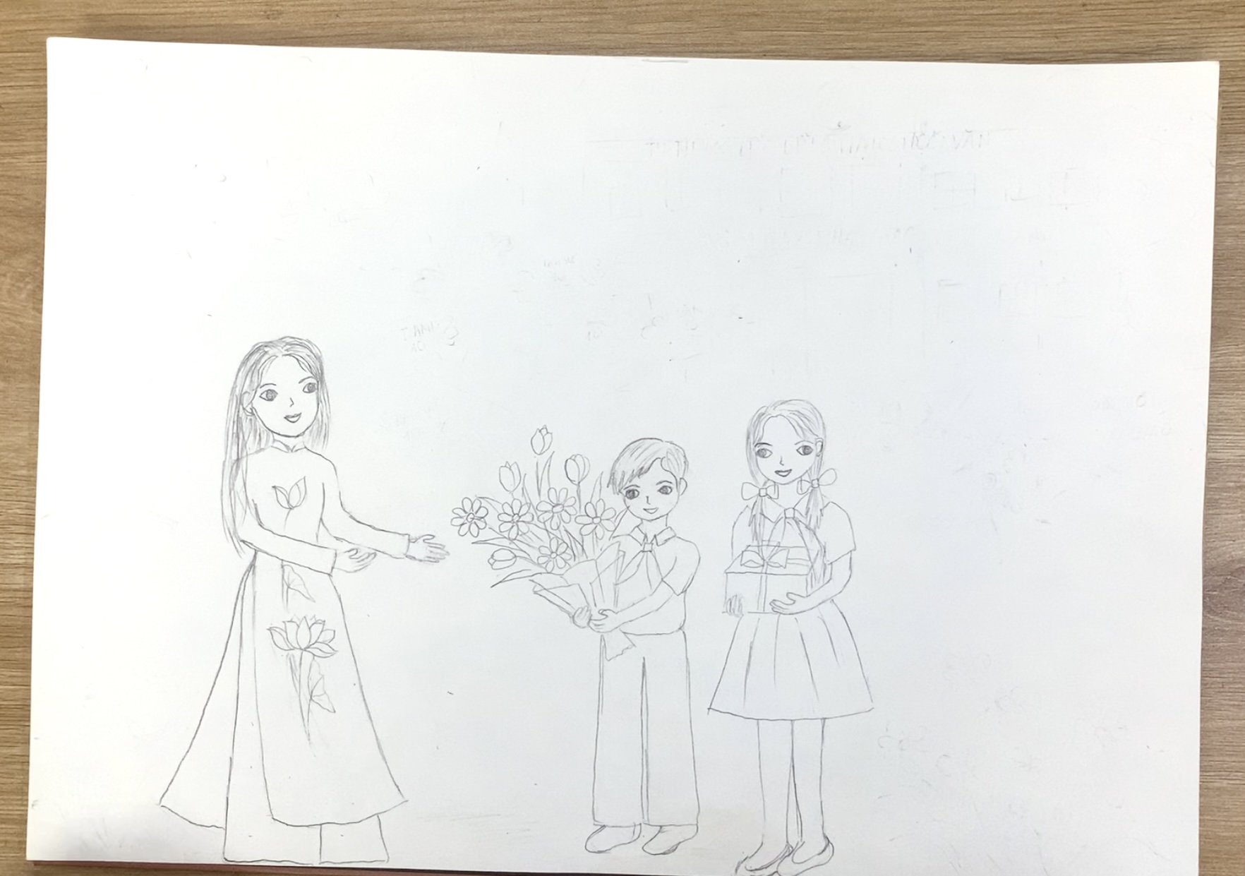 Vẽ học sinh nữ tặng quà