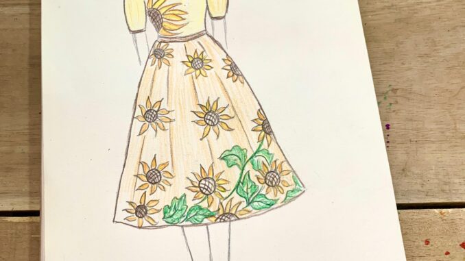 Tiếp tục với phong cách đơn giản nhưng không kém phần đẹp mắt, bức tranh này sẽ hướng dẫn bạn cách vẽ chiếc váy xoè với hoạ tiết hoa hướng dương. Nhanh tay lấy ngay bút vẽ và bắt đầu tạo ra những điểm nhấn độc đáo cho trang phục của riêng bạn!