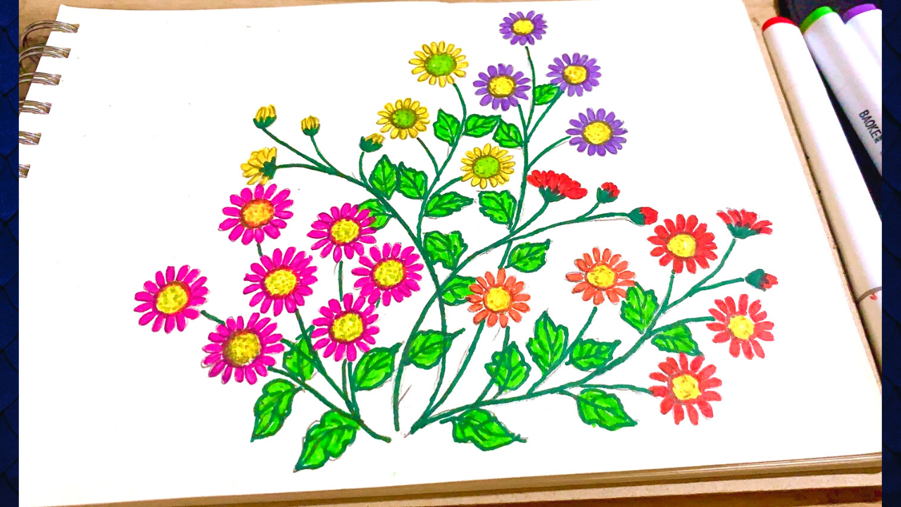 Chỉ với một cây bút chì và một ít khéo tay, bạn có thể tạo ra bức tranh hoa cúc phong cách đơn giản, nhưng vẫn tràn đầy màu sắc. Mỗi đóa hoa được vẽ cẩn thận, cho bạn cảm giác như đang bước vào một khu vườn hoa tươi đẹp.